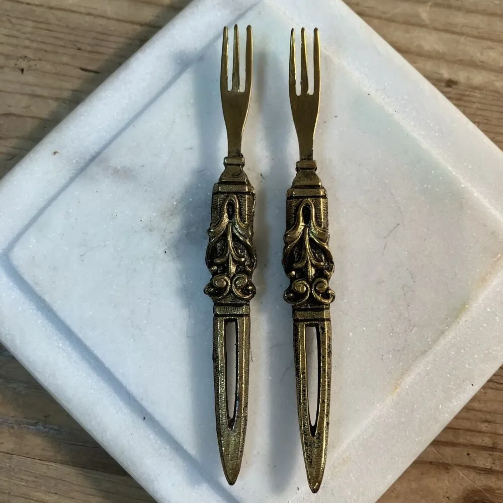 VTG Decorative Fork Lot - Long Wood Handles Japan - Small Gold Tone Set In Boxes